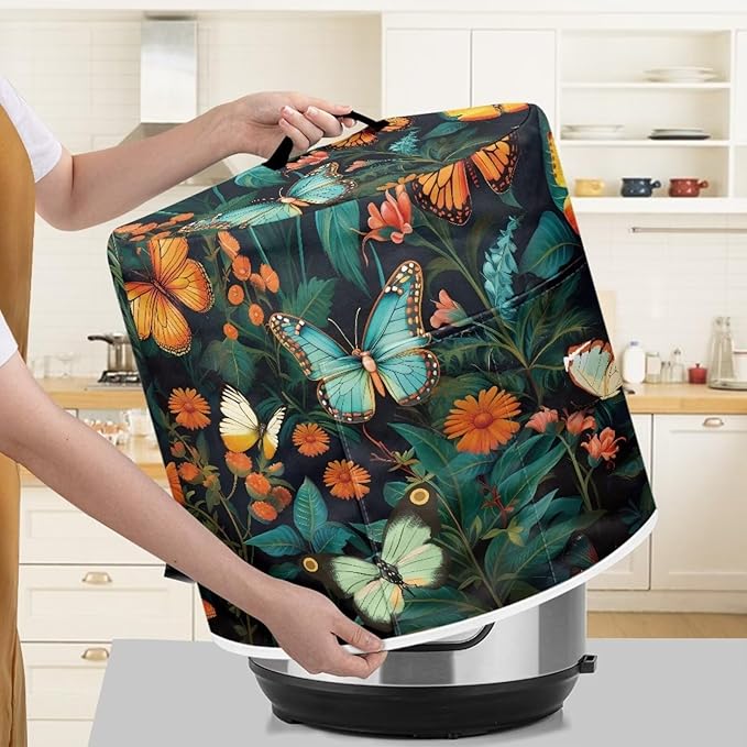 Flower Colorful Butterfly Grass Pressure Cooker Cover Dust-Proof Kitchen Appliance Cover Air Fryer Cover for 6 Quart Instant Pot with Top Handle and Pockets Washable