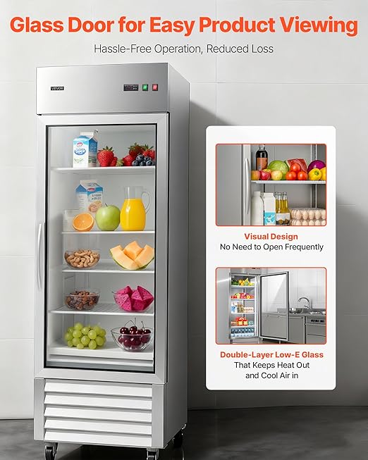 VEVOR Commercial Reach-In Refrigerator 29" W, 22 Cu.Ft Stainless Steel Upright Refrigerator with Single Glass Door, Auto-Defrost, 4 Adjustable Shelves, 32 to 50℉ Temp Control, ETL Certified
