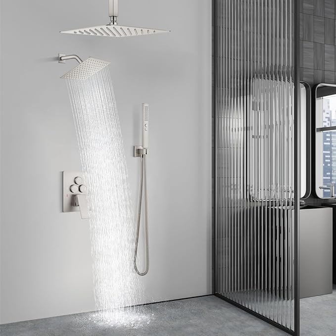 Aolemi Shower Faucet Set Ceiling Mount Shower System Rough-in Valve and Shower Trim Kit 2 in 1 Handheld Spray Push Button Diverter 12 and 6 Inch Dual Shower Head Brushed Nickel