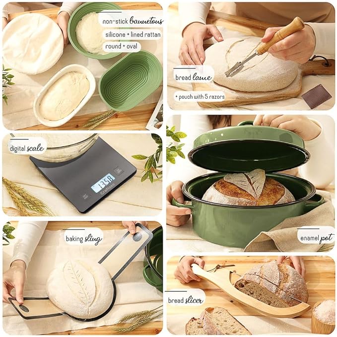 All-Inclusive 𝗣𝗥𝗘𝗠𝗜𝗨𝗠 Sourdough Starter Kit with Pot, 34 Oz Starter Jar, 4 Banneton Bread Proofing Baskets, Scraper, Scale, Sourdough Bread Baking Supplies, Detailed Beginner Guide & Recipes