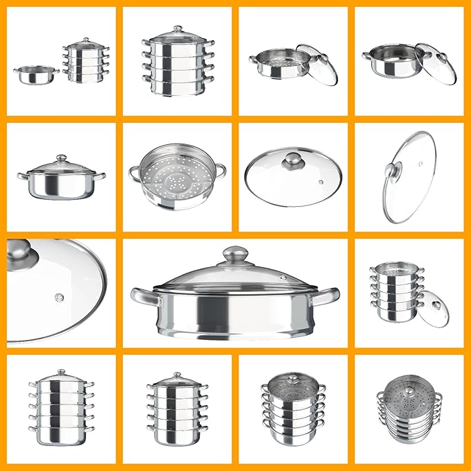 Steamer 30cm/11.81in, 5-tier Stainless Steel Steam Cooker w/Clear Glass Lid & Handles, Home Round Stackable Multipurpose Steam Pot for All Stoves, 14.37 * 15.55in (1xBottom Pot, 4xSteaming Baskets)