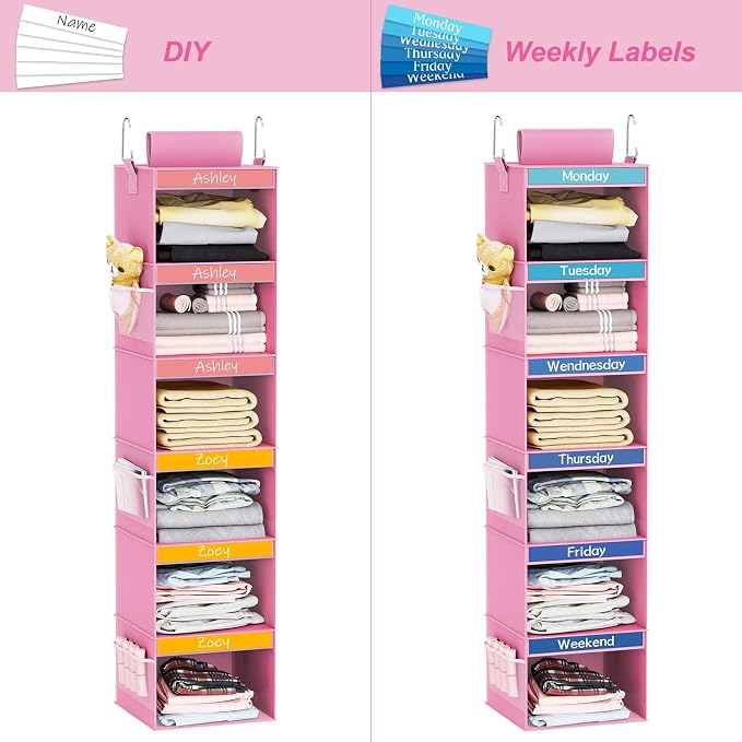 Fixwal Weekly Kids Clothes Organizer 6-Shelf Hanging Closet Storage Pink | - Image 6