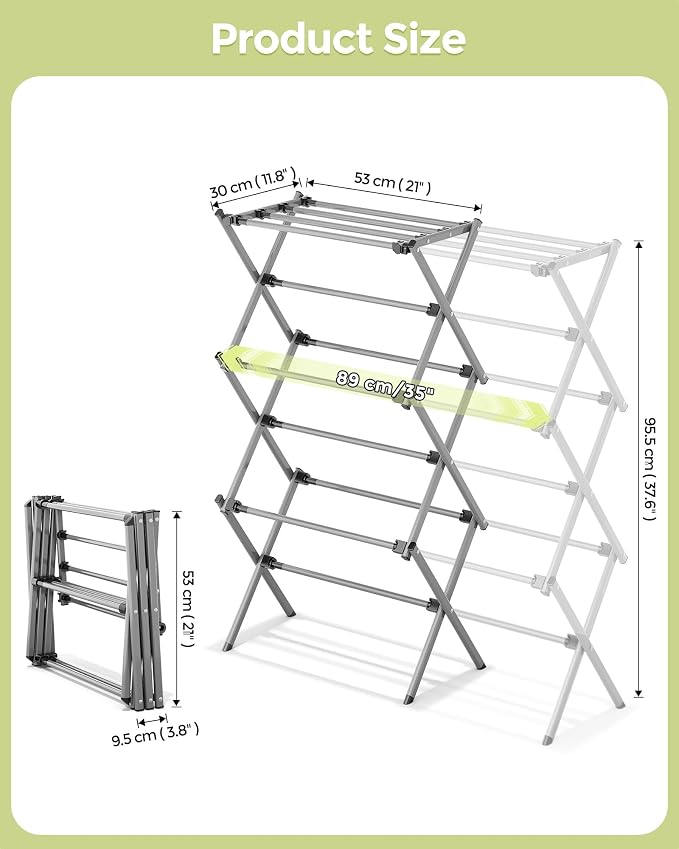 3-Tier Foldable Clothes Drying Rack, 37.6" H, Tool-free Assembly, Extendable - Image 2