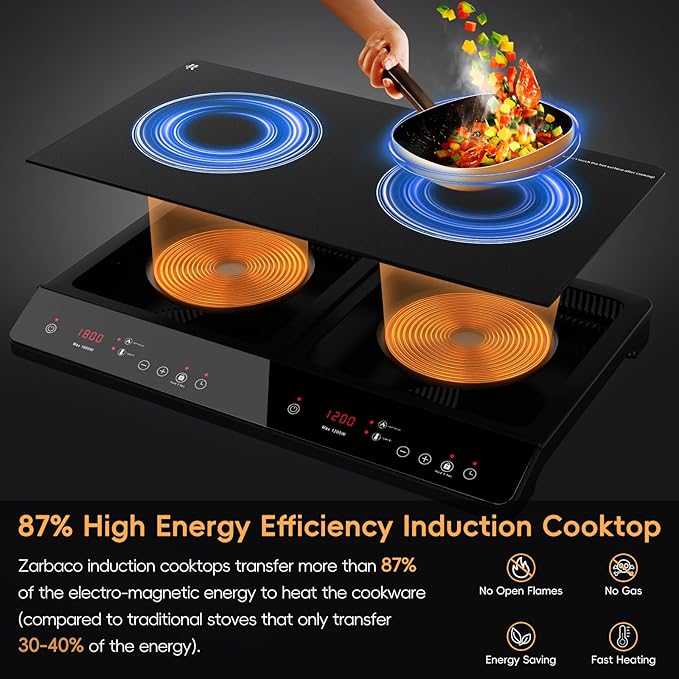 Double Induction Cooktop, 1800W Portable Induction Cooktop 2 Burner Independent Touch Control, Ceramic Electric Stove with 9 Temperature and Power Level, Safety Lock, 3 Hour Timer - Black