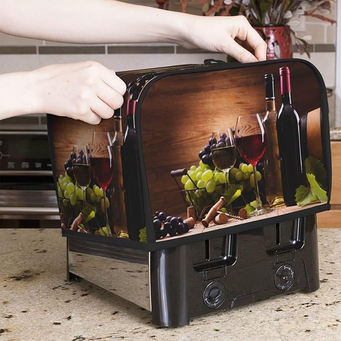 Red Wine Glasses Grape Wooden 2 Slice Toaster Cover, Waterproof Toaster Dust Cover Bread Maker Protective For Small Kitchen Appliance Dining Room Home Table Decor Gifts