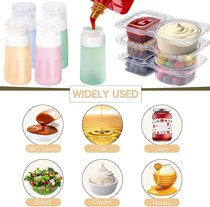 16Set Double Compartment Snack Containers with Lids,Snack Pack Containers for Kids & Adults, 4pcs Silicone Condiment Squeeze Bottles,Leakproof Sauces Container, Salad Dressing Container