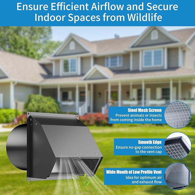 10 Inch Hooded Wall Vent with Screen and Damper,Wall Exhaust Vent Cover Cap,Dryer Vent Cover Outside,External Extractor Wall Vent Hood for House Kitchen Range Hood Air Ventilation Black