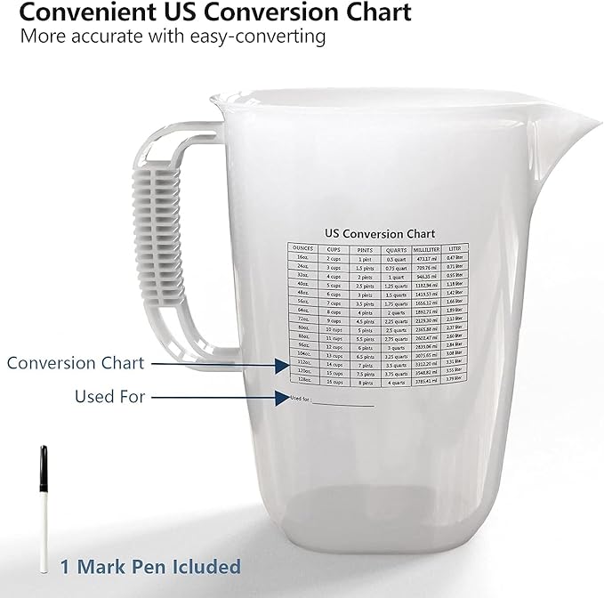1 Gallon Measuring Pitcher-Convenient Conversion Chart,134oz Extra Large Plastic Measuring Cup-Strong Food Grade Material,Graduated Mixing Pitcher Great for Lawn,Pool Chemicals, Motor Oil and Fluids
