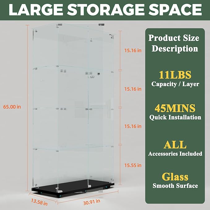 Glass Display Cabinet with LED Light Strip, 4 Shelves with 2 Doors, Glass Top Curio Storage Cabinets with Lock & Caster for Living Room,Floor Standing Bookshelf, Quick Installation - Black