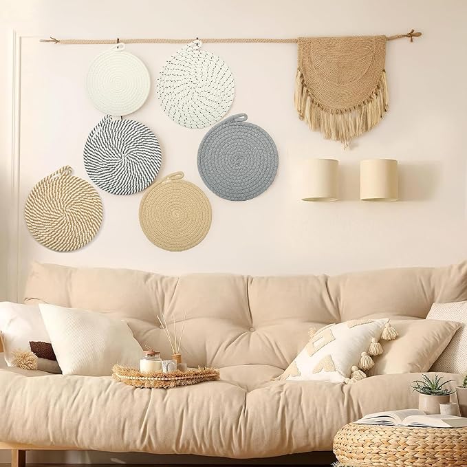 Hot Pads for Quartz Countertops with Storage Basket | 6-Pack 8-Inch Cotton Trivets for Hot Dishes & Pots | Machine Washable Farmhouse Kitchen Decor