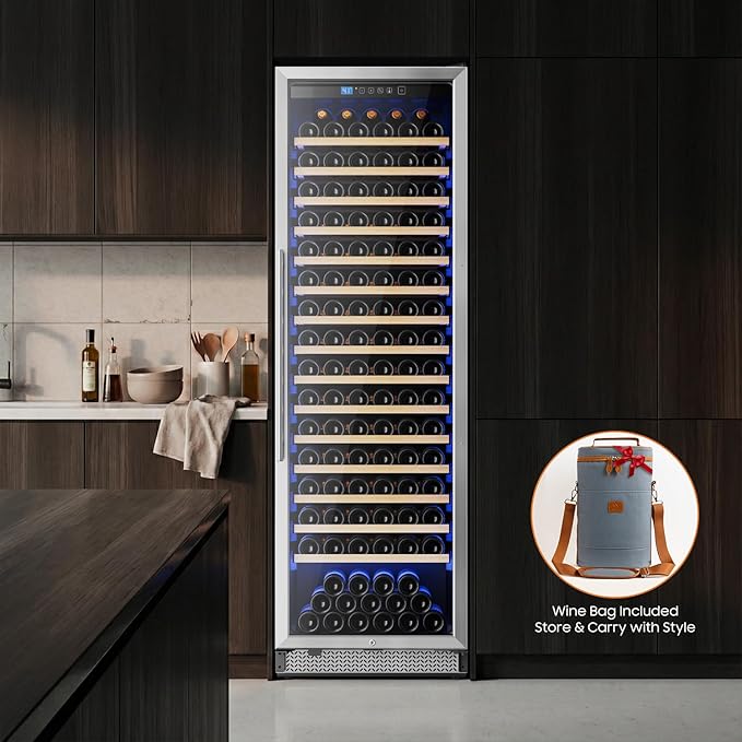 24 Inch Wine Fridge, 187-Bottle Large Capacity Wine Cooler Refrigerator, Freestanding or Built-in Tall Wine Cooler with Upgraded Compressor, Low Noise For Home