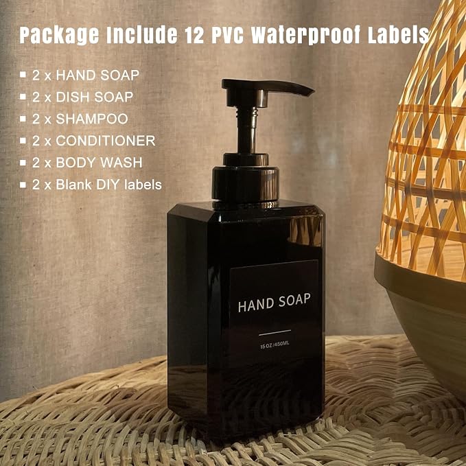 Black Soap Dispenser with Waterproof Labels, Thickened Plastic Hand Soap - Image 3