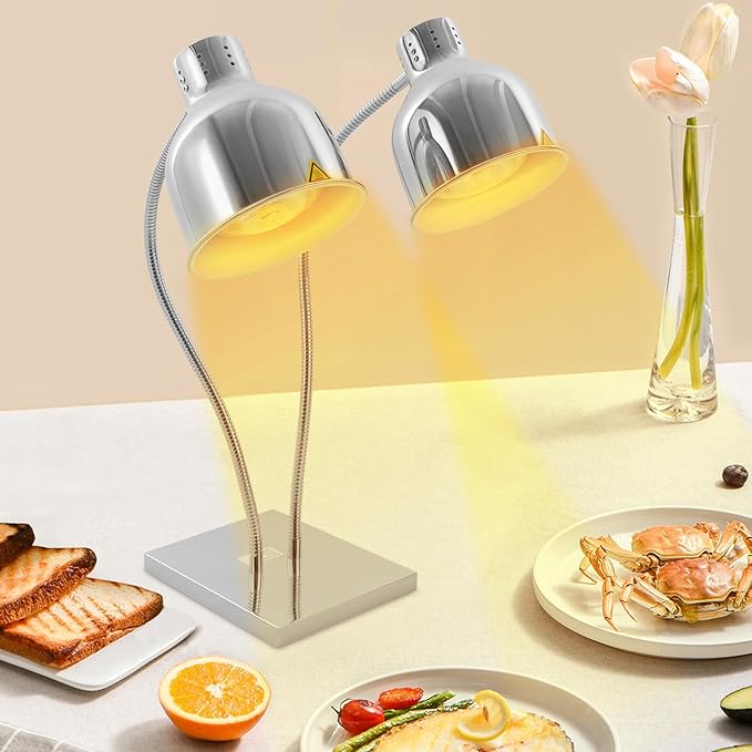 Food Heat Lamp Warmer Silver, 500W Double Bulbs Buffet Display Heating Preservation Light, Electric Portable Infrared Heating Lamp with 360°Adjustable Head (Silver)