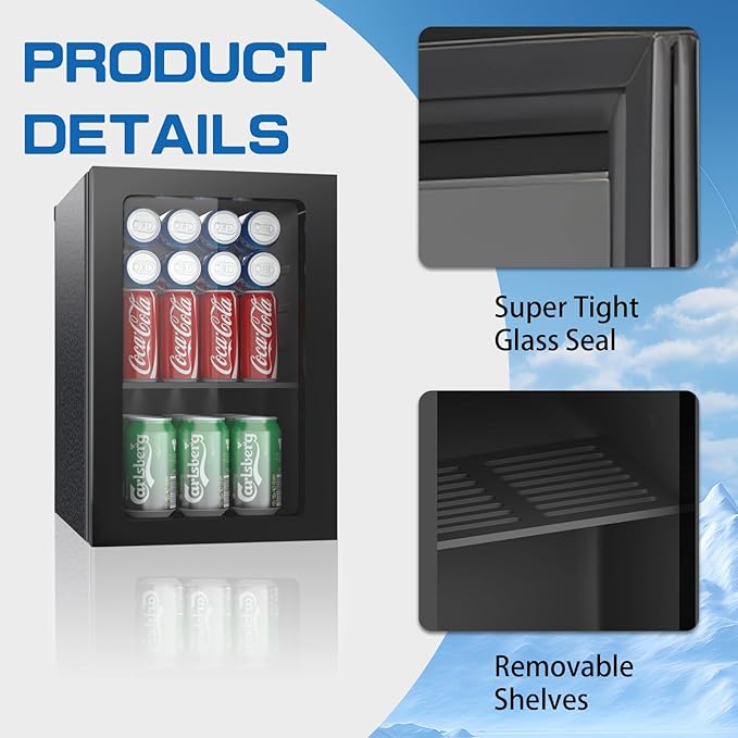 Beverage Refrigerator Cooler, 0.9 Cu/24 Can Drink Fridge with Adjustable Shelves & Clear Door for Soda Wine Beer, Countertop Mini Fridge, Compact Design for Home/Office/Bar (40-61 ℉) Black