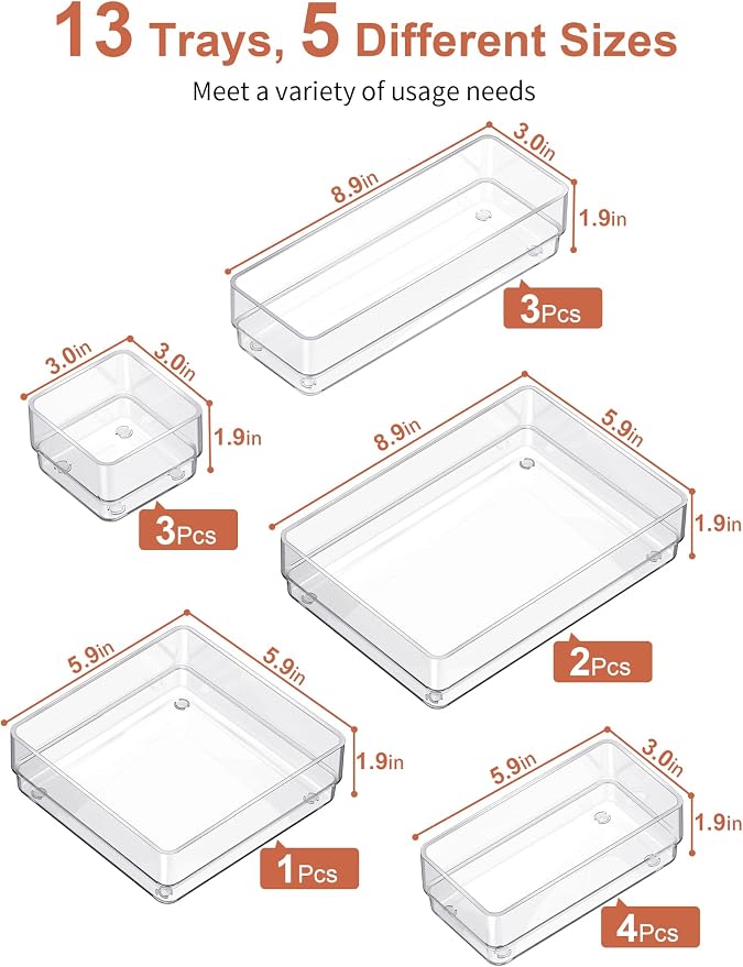 SMARTAKE 13 PCS Drawer Organizer 5-Size Desk Makeup Drawer Organizer Clear | - Image 2