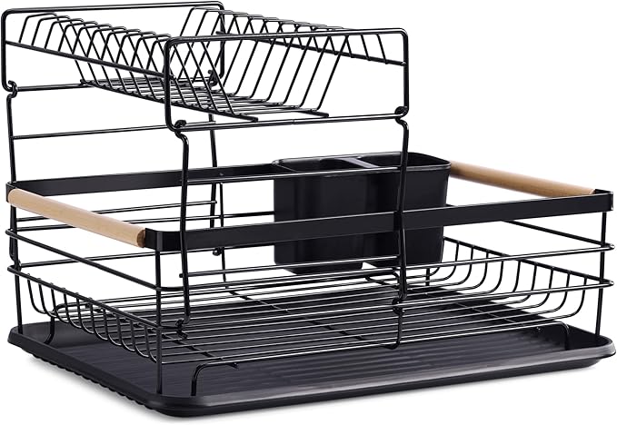 Navaris 2 Tier Dish Rack - Compact Drying Kitchen Board with Drip Tray & Cutlery Holder - Easy to Assemble and Clean Dishes - Sink Drainer Rack - Black