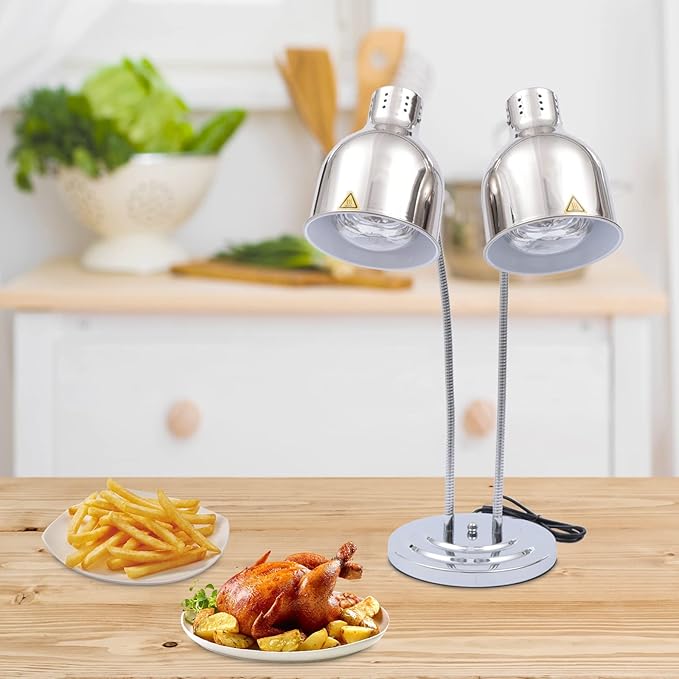 Food Heat Lamp Warmer Silver, 500W Double Bulbs Buffet Display Heating Preservation Light, Electric Portable Infrared Heating Lamp with 360°Adjustable Head (Silver Style2)