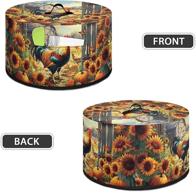 Rooster Sunflower Pumpkin Print Slow Cooker Dust Cover Compatible with 6/7/8 Quart Slow Cooker Dust Proof Electric Slow Cooker Cover with Storage Pocket for Crock Pot Accessories