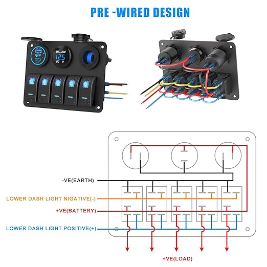 Marine Boat Switch Panel Waterproof, 5 Gang Marine Rocker Switch Aluminum Panel with 3 Port 66W 12V USB Outlet Car Charger, 150W Cigarette Lighter Socket and Blue LED Voltmeter for Truck Car RV, etc.