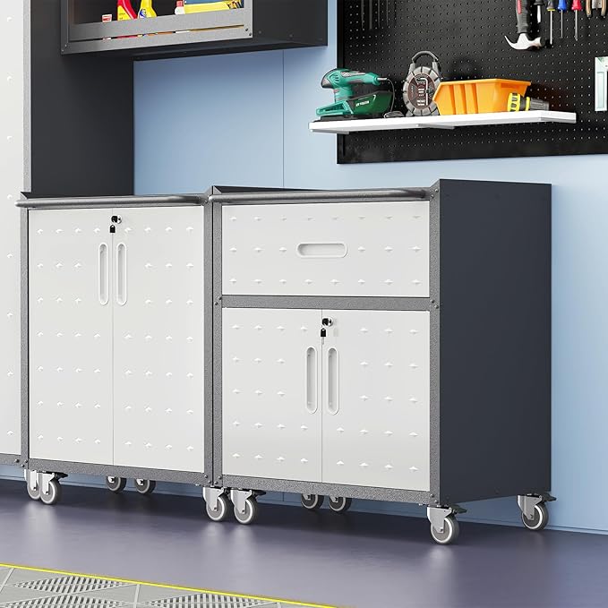Garage Storage Cabinet with Wheels Metal Garage Cabinets with Drawer Heavy Duty Steel Rolling Tool Cabinet with Lock Rolling Tool Cart Mobile Cabinet for Warehouse Basement, Assembly Required
