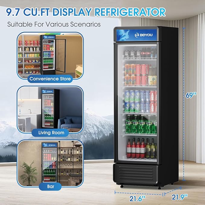 BEYOU Commercial Beverage Refrigerator, 9.7 cu. Ft Upright Dispaly Merchandiser with Single Glass Door, Drink Cooler for Living Room,Bar, Garage（Black）