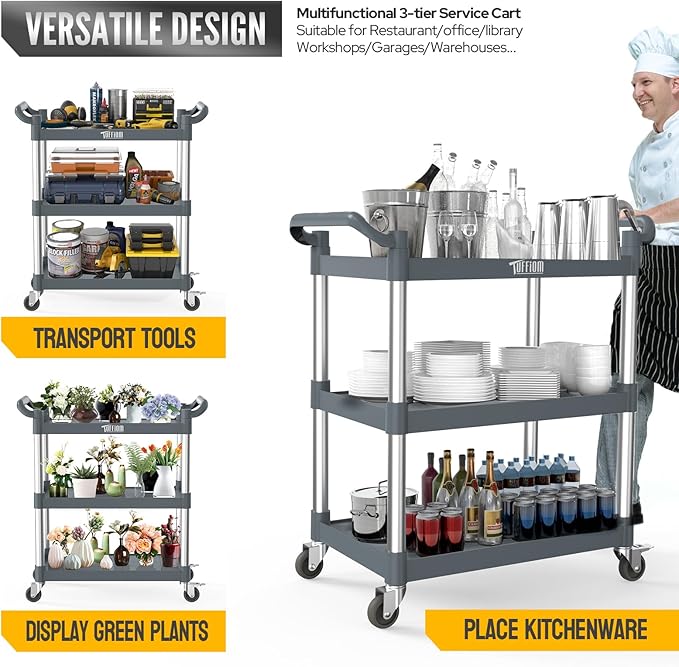 TUFFIOM 3-Tier Plastic Service Utility Cart with Wheels,Heavy Duty 390lbs Capacity,Commercial Rolling for Restaurant, Foodservice, Office, Warehouse, Gray 34.8''L x 17.4''W x 38.6''H