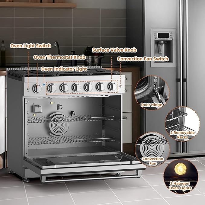 36" Freestanding Dual Fuel Range Oven Stove, Stainless Steel Gas Stove with 6 Sealed Burners and 6.0 Cu.Ft Electric Convection Oven, True Convection and Self-Cleaning, Perfect for Home or Commercial