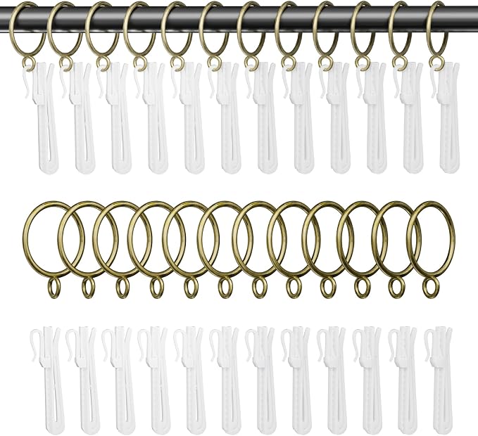 1.5 Inch Curtain Rings with Hooks, 24 Pack Bronze Metal Drapery Rings with Pins by GASRONS