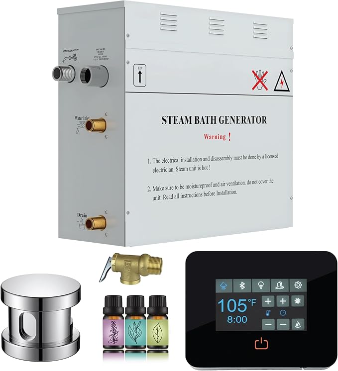 Builders Series 9kW Steam Bath Generator with Quickstart Continuous Steam, Black Digital Touch Pad, Built-in Auto-Drain, and Aroma Steamhead in Polished Chrome