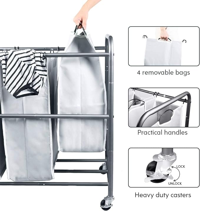 ROMOON Laundry Hamper Sorter Cart, 4-Section Organizer - Image 3
