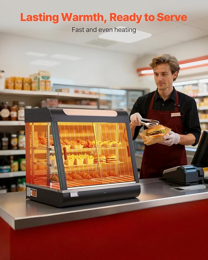 VEVOR 3-Tier Commercial Food Warmer Display, 1200W Food Display Warmer with LED Light, Top Storage and Adjustable Shelves, 86℉~185℉ Steam Heating, 106Qt/100L for Hamburger, Pizza, Bread, Fried Chicken