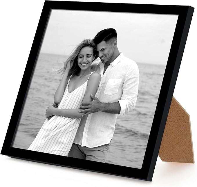 Americanflat 10x10 Picture Frame with Shatter-Resistant Glass - Streamline Collection - Thin Border Square Frame for Tabletop and Wall Display - Hanging Hardware and Easel Stand Included - Black