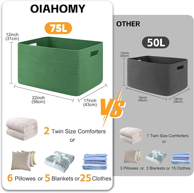 OIAHOMY 75L Large Blanket Basket Woven Storage Basket - Image 3