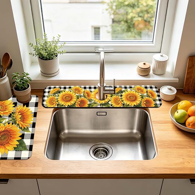 3 Pcs 2 Size Kitchen Sink Splash Guard Faucet Mat Plaid Sunflowers Pattern - Image 6