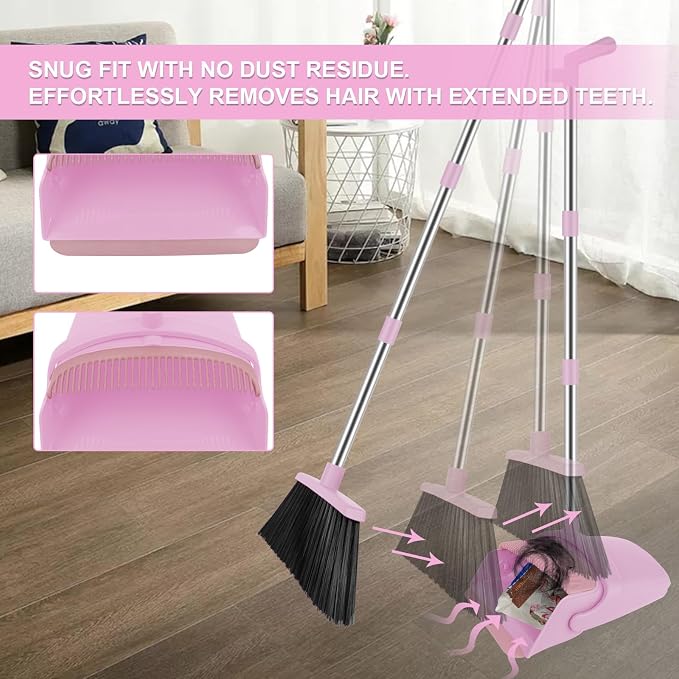 Pink Broom and Dustpan Combo Set, Kitchens & Tight Spaces, Built-in Comb Dustpan - Image 7