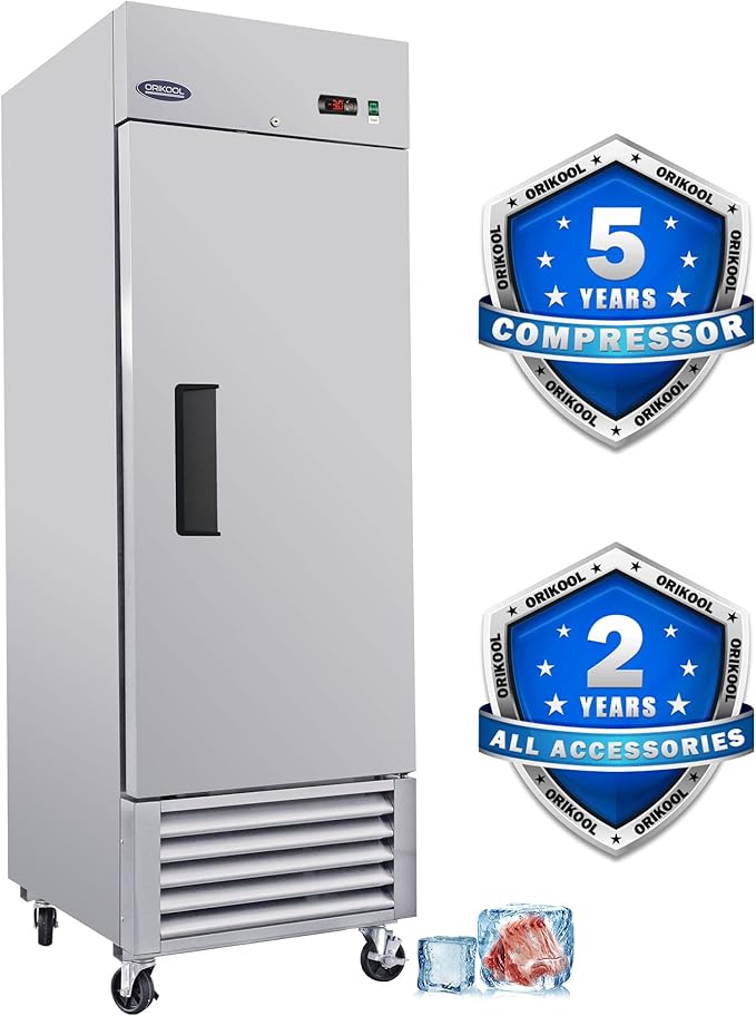 27"W Commercial Freezer,23 Cu.ft Refrigerator with 1 Solid Door Reach-In Freezers Stainless Steel,ETL Approved Upright Freeze Storage w/4 Casters,3 Adjustable Shelves,LED Light,for Restaurant,Silver
