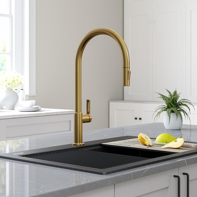 KRAUS Oletto High-Arc Single Handle Pull-Down Kitchen Faucet in Brushed Brass - Image 8
