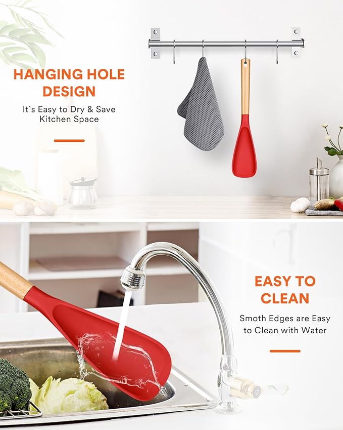 Cooking Spoon for Nonstick Cookwares, Great for Cooking and Serving Sturdy BPA-Free Matte Silicone, Wood Handle Spoon for Mixing, Scoop, and Scrape (RED, 13.4 inch)