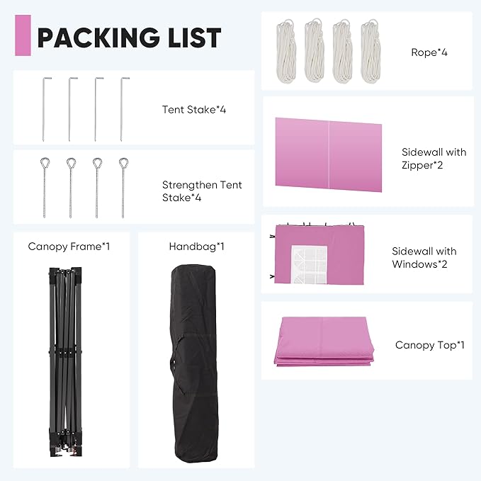 Saemoza 10x10 Pop Up Canopy Tent with One Push Setup, Portable Sun Shade Tent, Instant Easy Up Canopy with 4-Sidewalls & Handbag, Outdoor Fldable Gazebo with Vent Top, Pink.