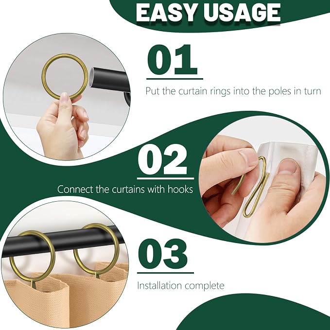 60Pcs 32mm Internal Diameter Curtain Rings and Curtain Drapery Pin Hooks | - Image 3