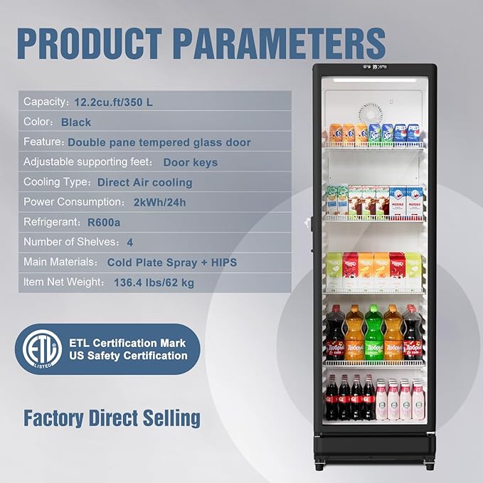 BEYOU Commercial Refrigerators, 12.2 cu. Ft Display Fridge with Double-Tempered Glass Door Door,Merchandiser for Living Room, Bar, Garage（Black）
