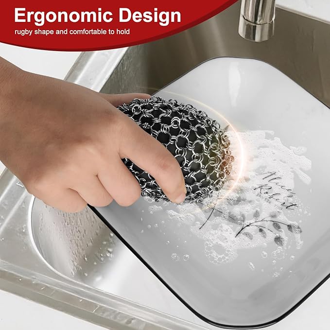 Cast Iron Scrubber Cleaner, Rugby Shape Scrubber Chain Mail with Silicone Core, Cast Iron Skillet Cleaner Cleaning Care Kit Perfect for Cast Iron Cookware,Skillet,Woks - Black