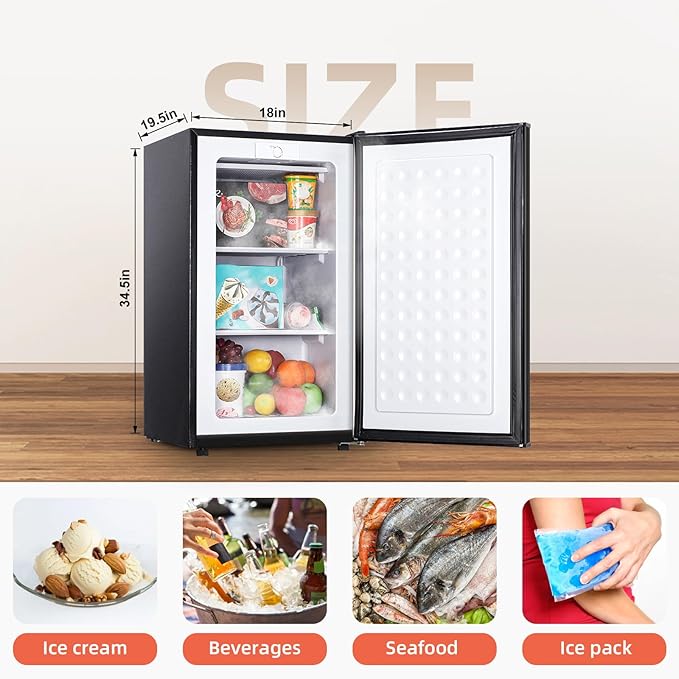 Black Upright freezer 3.5 Cu.ft, Compact Mini Freezer with Stainless Steel Reversible Door, 3 Adjustable Thermostat(23°F to -13°F), Quiet Stand Up Freezer for Apartment/Bedroom