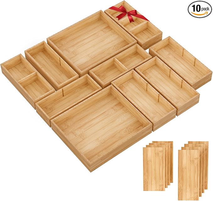 Bamboo Drawer Organizer, 10-Piece Stackable Trays by Unknown