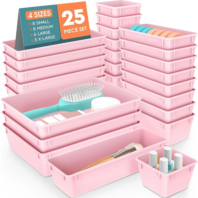SpaceHacks 25 PCS Plastic Drawer Organizer, 4-Size Versatile Organizer Trays & by SpaceHacks