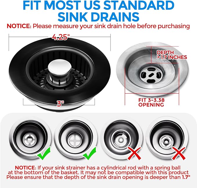 zaa 3 in 1 Kitchen Sink Drain Strainer Stopper Removable Basket Pop-Up - Image 7