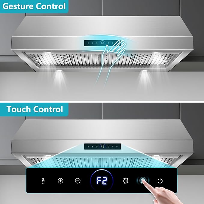 48 inch Range Hood Under Cabinet1500 CFM with 4-Speed Gesture Sensing & Touch Control, Stainless Steel Kitchen Stove Vent Hoods with 4 LED lights, Time Setting, Dishwasher-Safe Baffle Filters