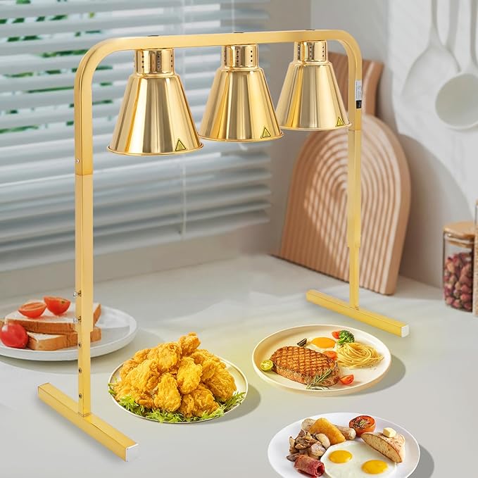 3-Head Food Heat Lamp Warmer Gold, 750W 3*Tungsten Bulb Buffet Display Heating Preservation Light for Buffet, 122℉ Insulation Electric Portable Heating Lamp Adjustable Height(Gold 3-Head)