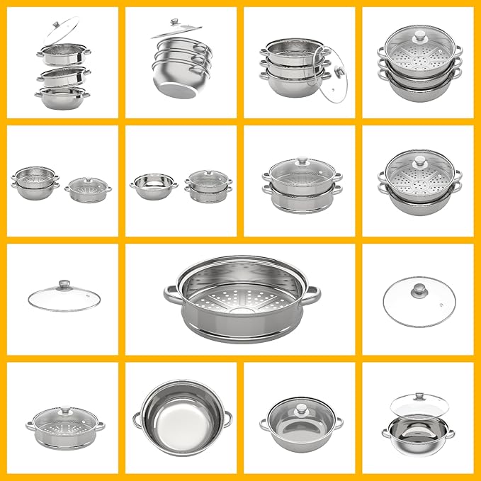 Steamer 28cm/11.02in, 3-tier Polished Stainless Steel Steam Cooker w/Clear Glass Lid & Handles, Round Stackable Multipurpose Steam Pot for All Stoves, 12.8 * 9.84in (1xBottom Pot, 2xSteamer Baskets)