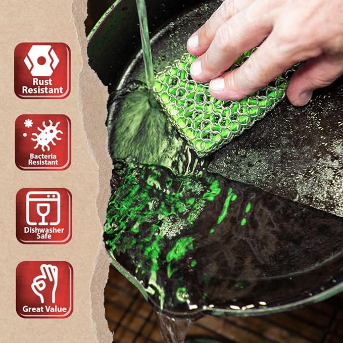 Knapp Made Combo Chainmail Cast Iron Scrubber with Silicone Core - Heavy Duty Rings and Fine Chainmail Rings -Premium Cast Iron Cleaner Chainmail Scrubber -Perfect for Cast Iron Cookware,Skillet,Woks